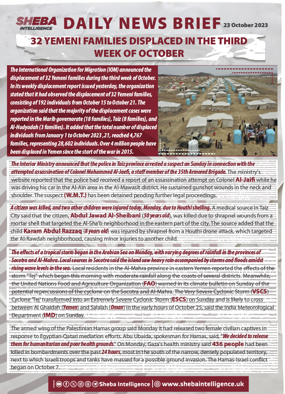 32 Yemeni Families Displaced in the Third Week of October