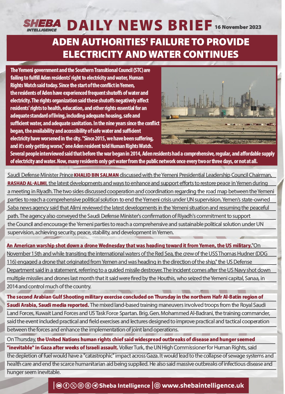 Aden Authorities' Failure to Provide Electricity and Water Continues
