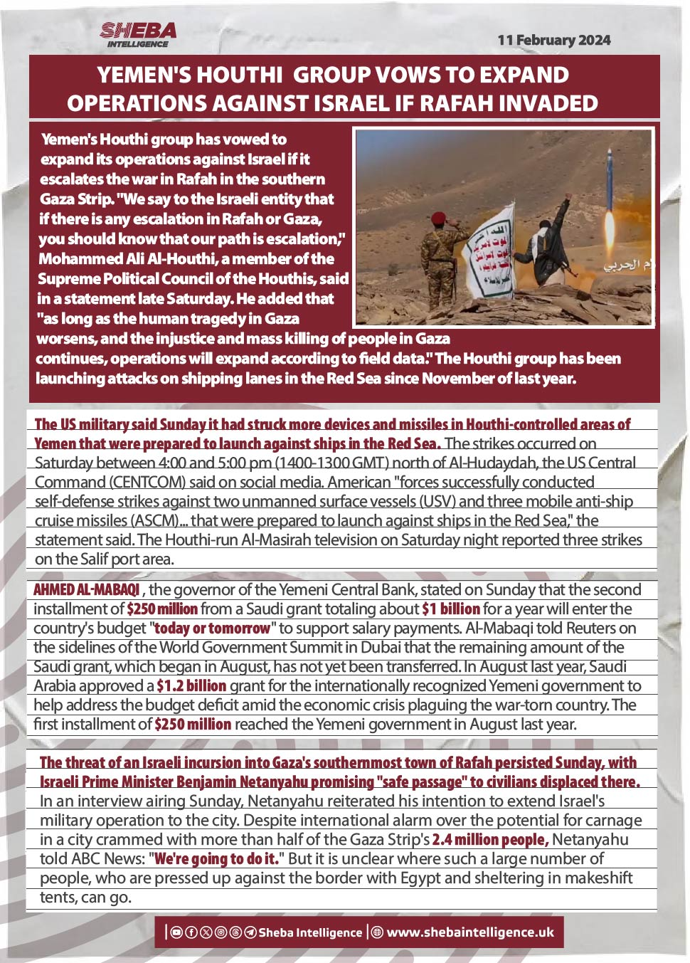 Yemen's Houthi  Group Vows to Expand Operations Against Israel if Rafah Invaded