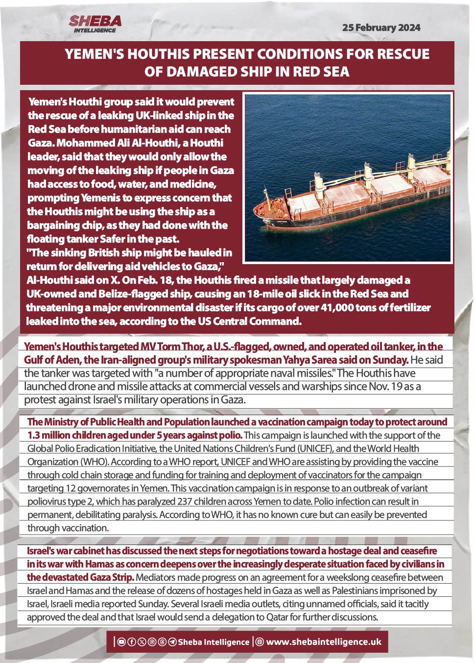 Yemen's Houthis Present Conditions for Rescue of Damaged Ship in Red Sea