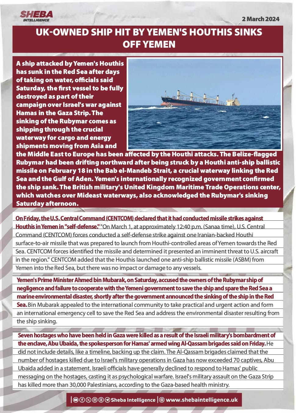 UK-Owned Ship Hit by Yemen's Houthis Sinks Off Yemen
