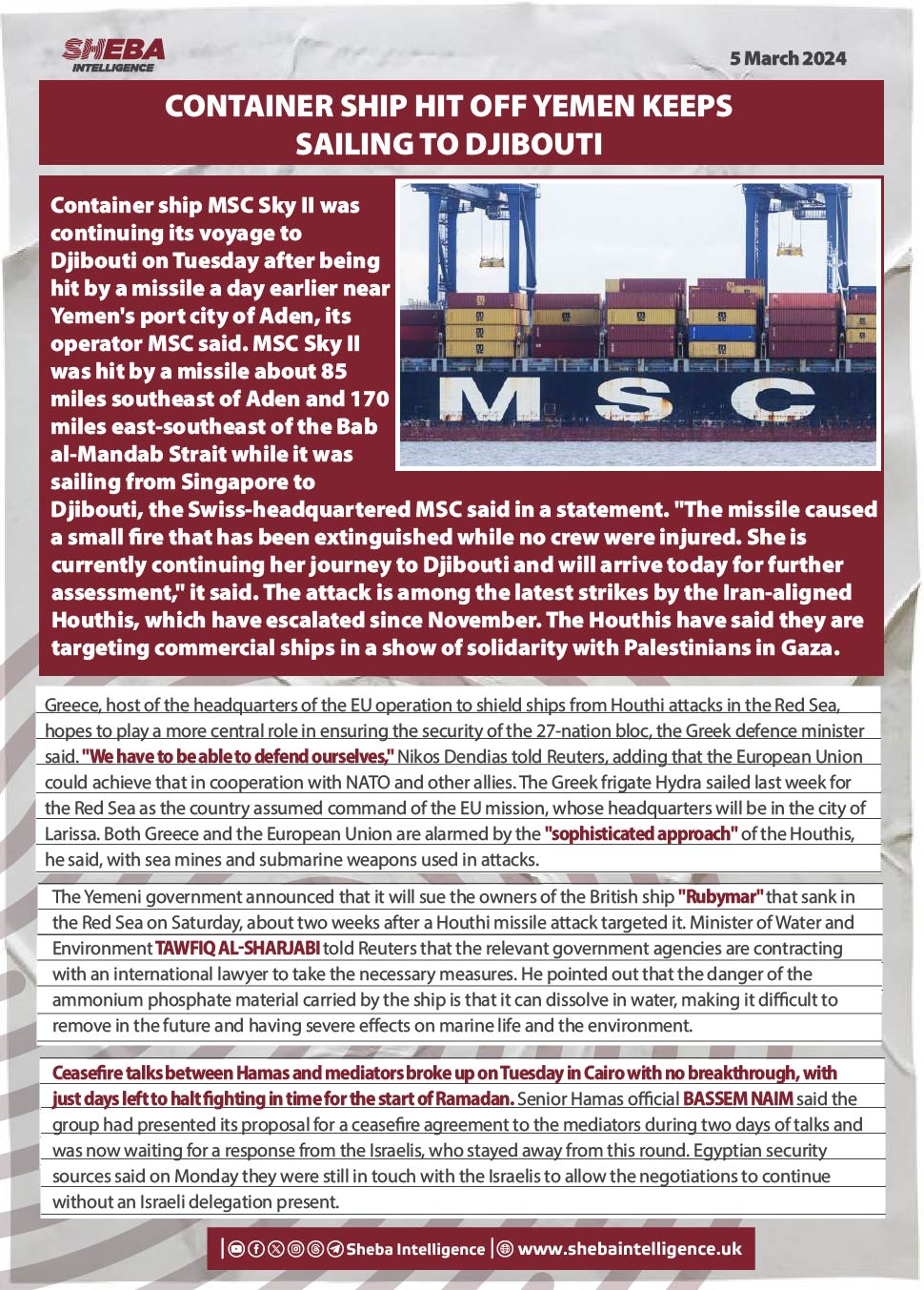 Container Ship Hit Off Yemen Keeps Sailing to Djibouti