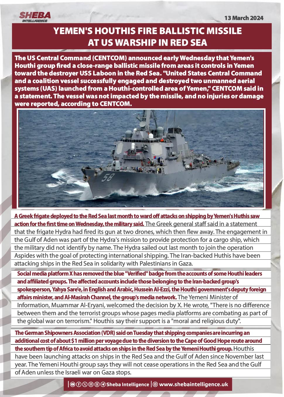 Yemen's Houthis Fire Ballistic Missile at US Warship in Red Sea