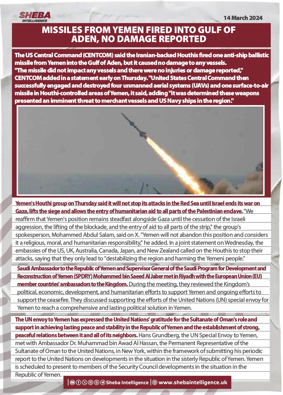 Missiles From Yemen Fired Into Gulf of Aden, No Damage Reported