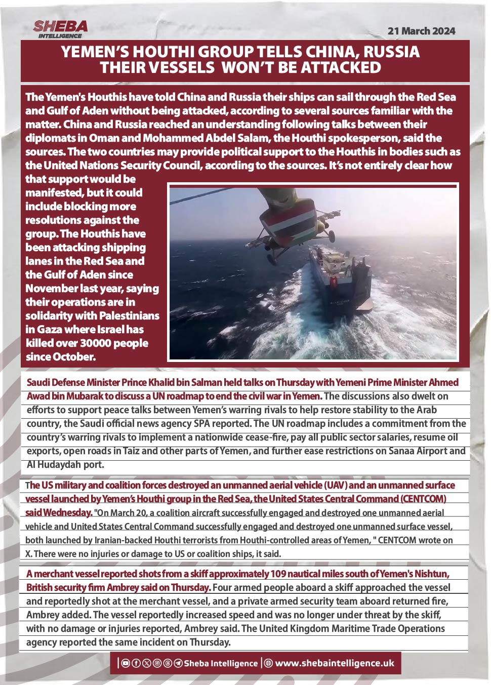 Yemen’s Houthi Group Tells China, Russia Their Vessels  Won’t Be Attacked