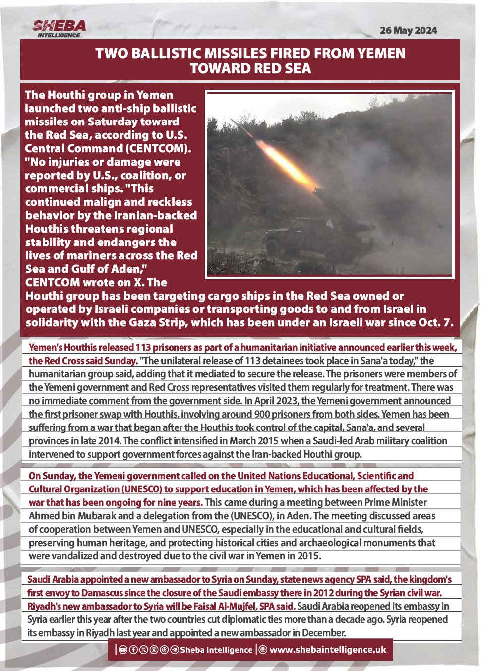 Two Ballistic Missiles Fired from Yemen Toward Red Sea