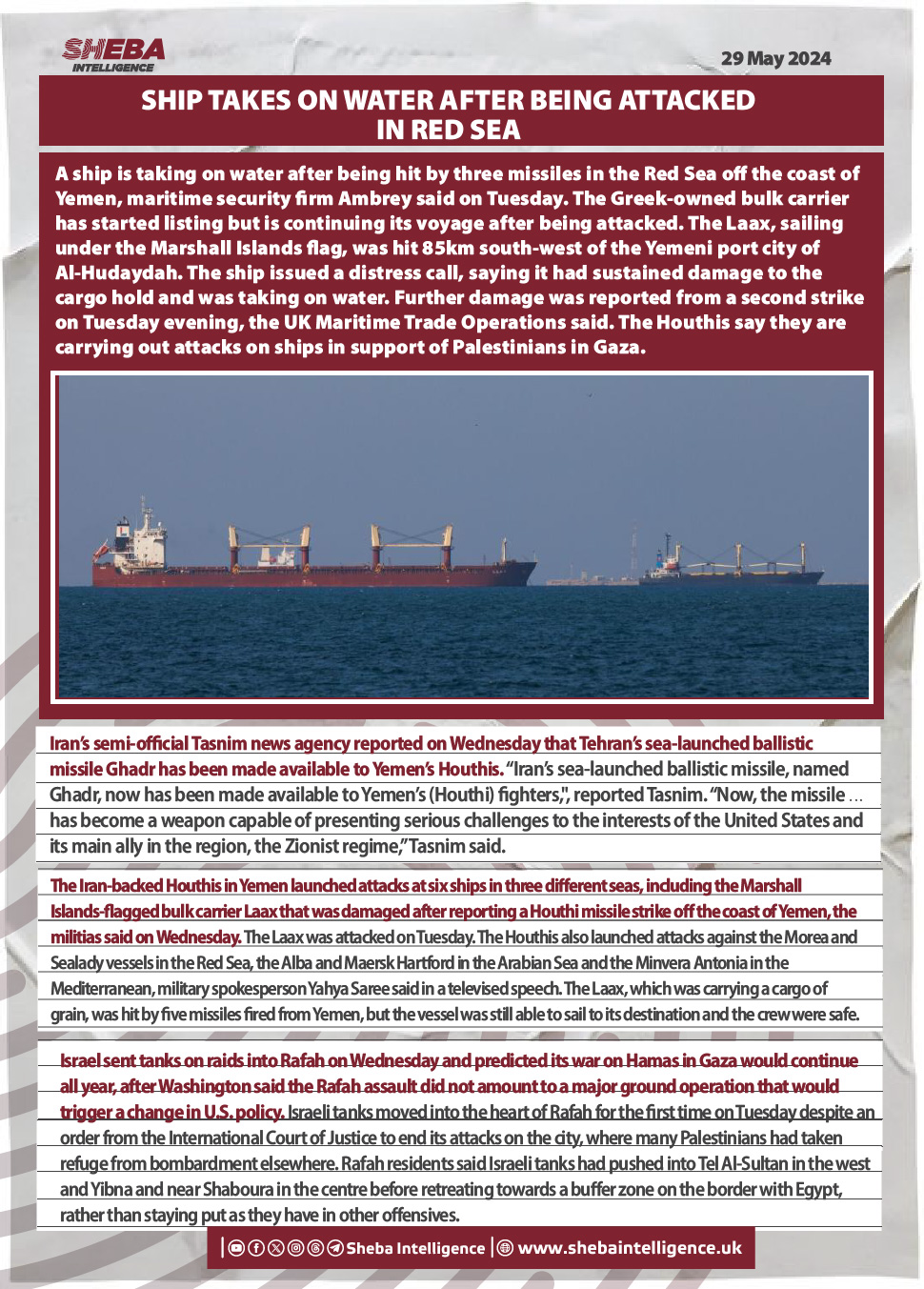 Ship Takes on Water After Being Attacked in Red Sea