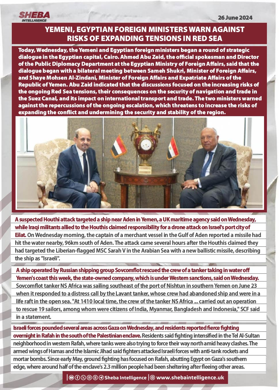 Yemeni, Egyptian Foreign Ministers Warn Against Risks of Expanding Tensions in Red Sea