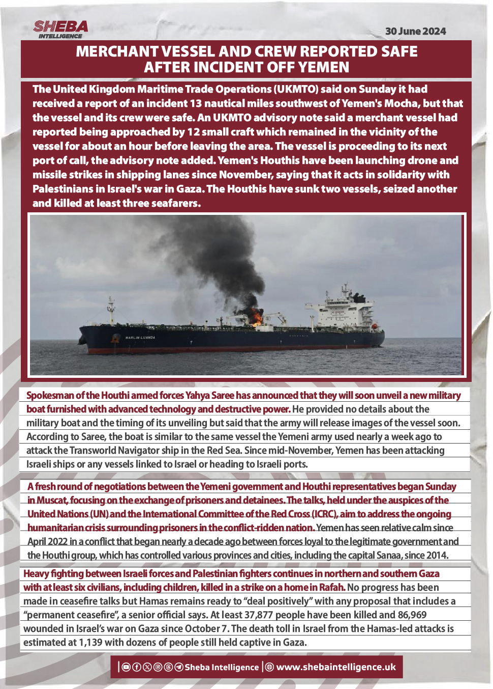 Merchant Vessel and Crew Reported Safe after Incident Off Yemen