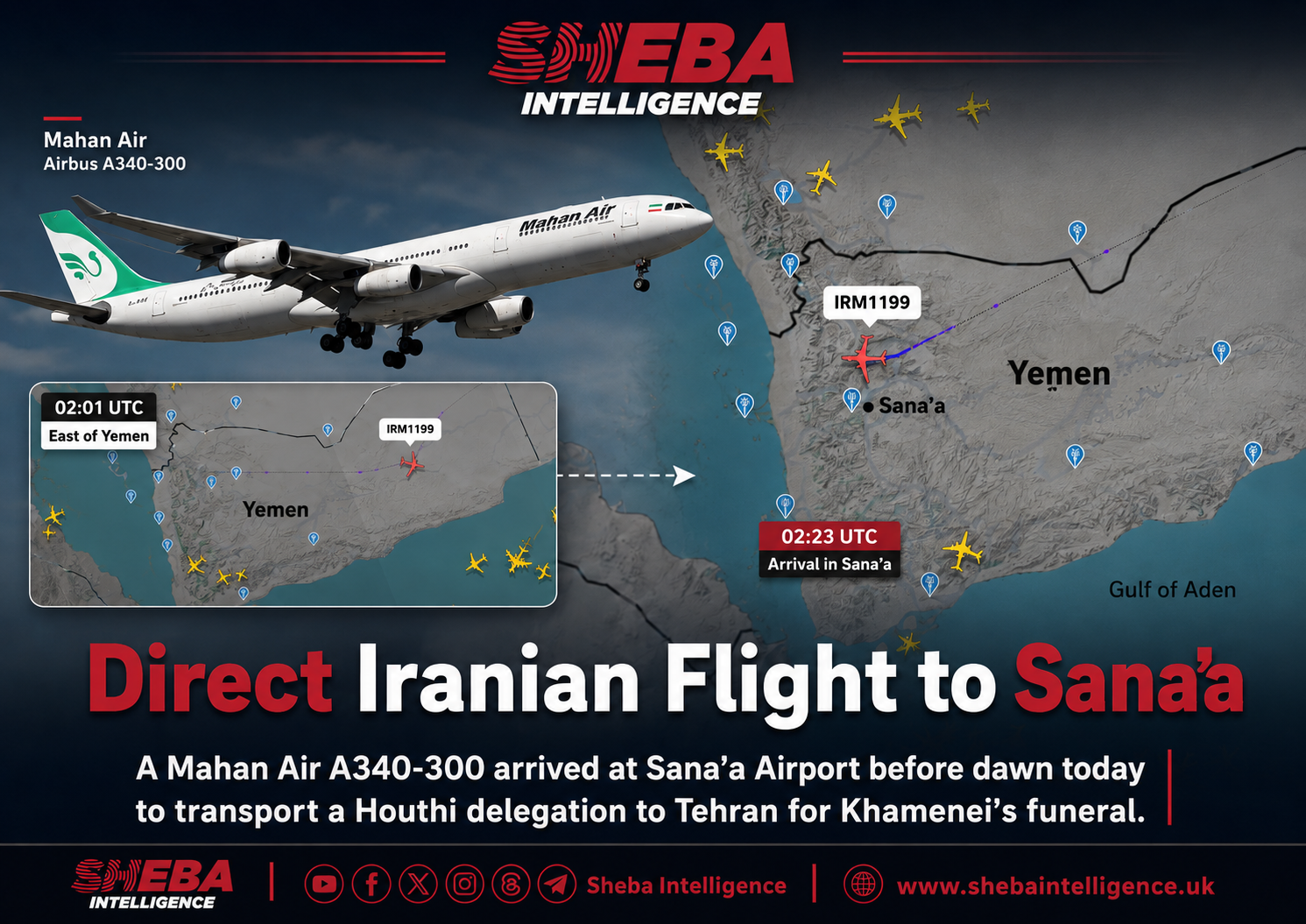 Direct Iranian Flight to Sana’a Highlights Iran–Houthi Air Coordination During Khamenei Funeral Arrangements