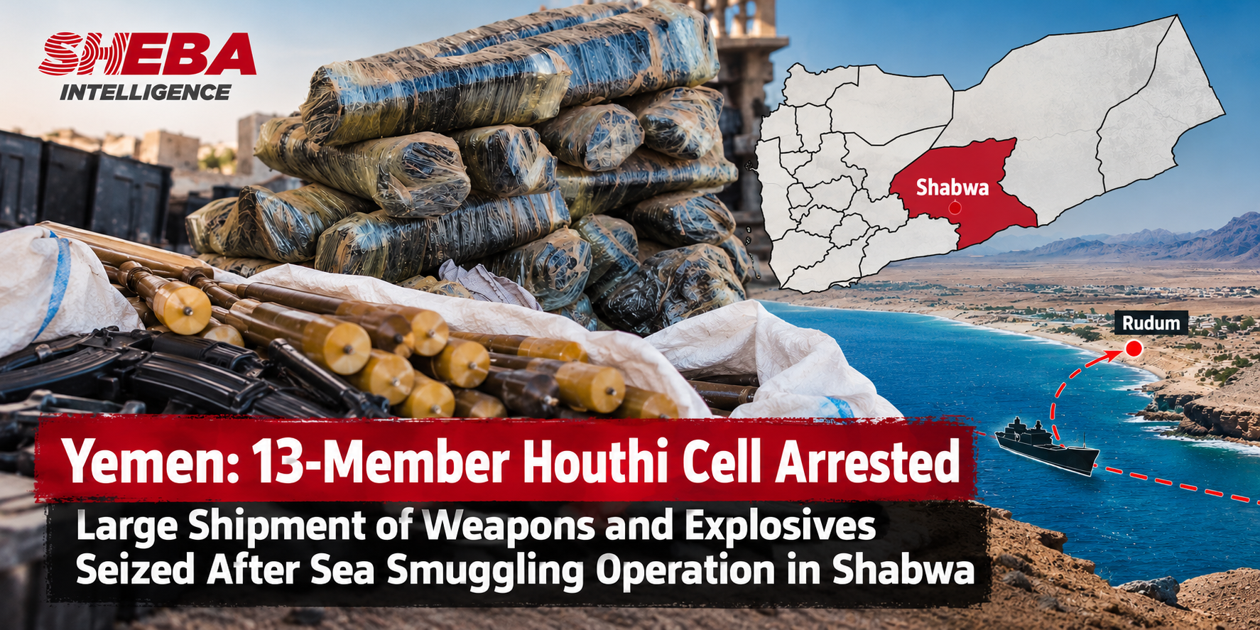 Yemen: 13-Member Houthi Cell Arrested in Shabwa, Large Shipment of Smuggled Weapons Seized